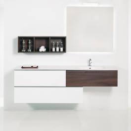 Baño muy lineal donde se conjuga los tonos blancos con madera